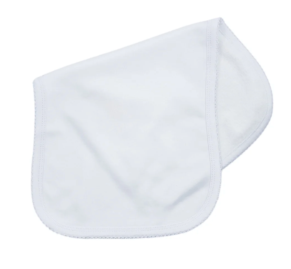 Picot trim baby burp cloth, available in pink and blue