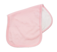 Picot trim baby burp cloth, available in pink and blue