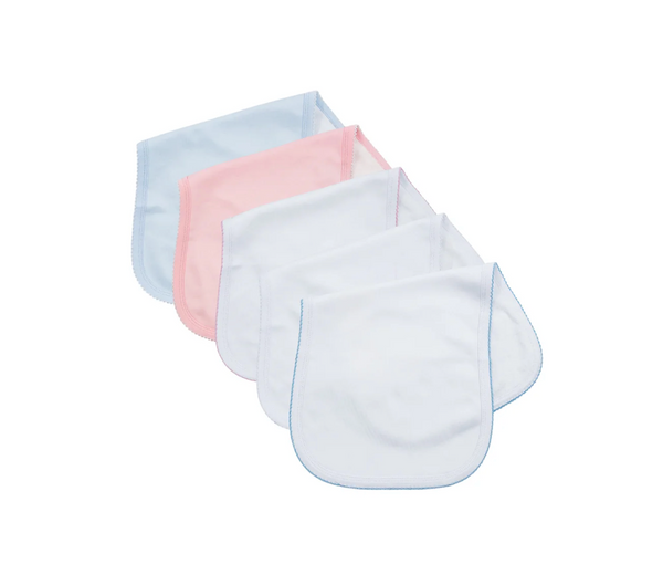Picot trim baby burp cloth, available in pink and blue