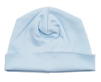 A light blue knit beanie hat with a folded cuff, shown against a plain white background.
