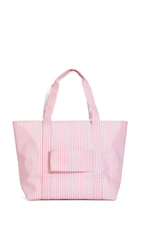 Pink striped tote bag on a white background