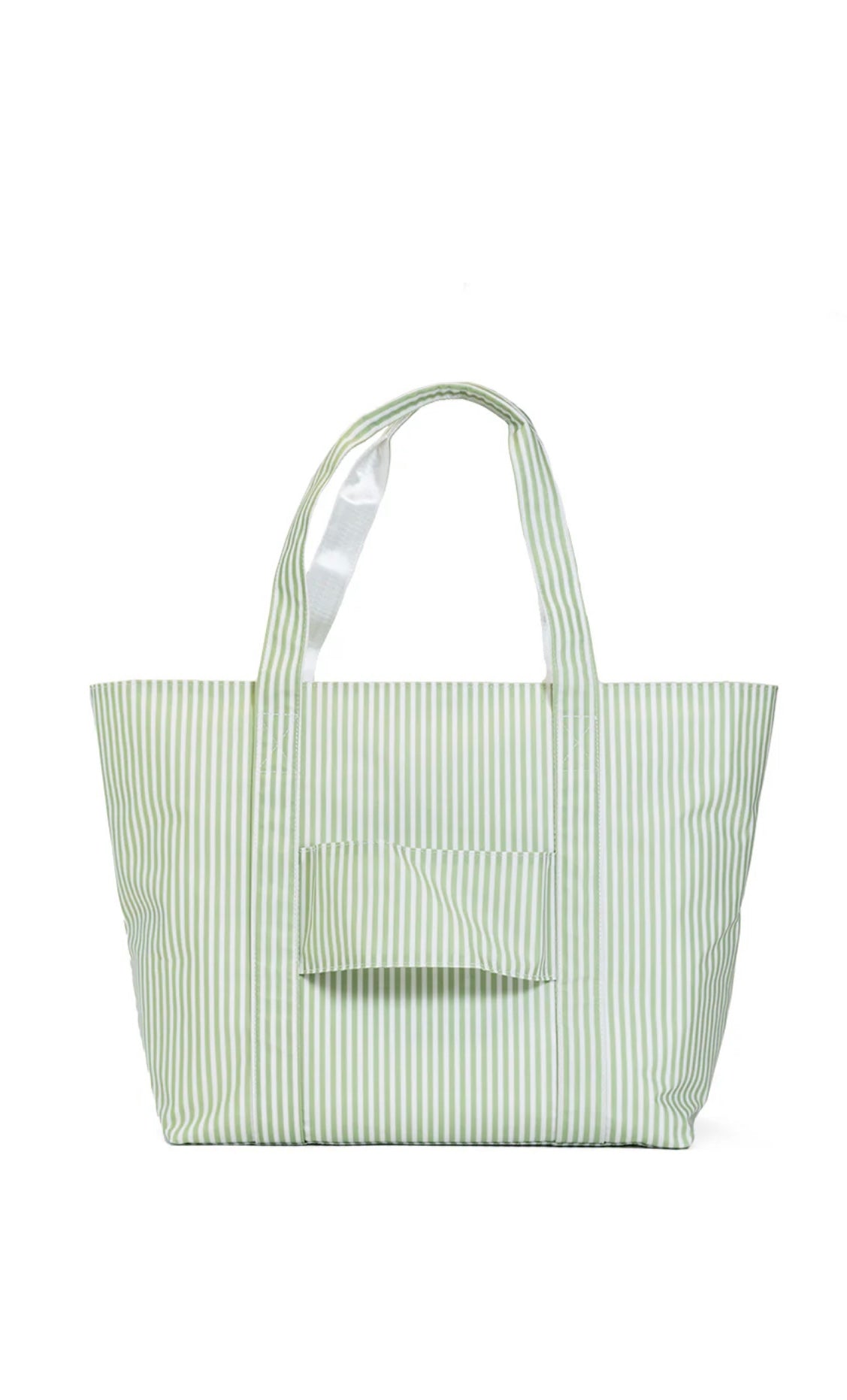 Green and white striped tote bag on a white background