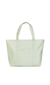 Green and white striped tote bag on a white background
