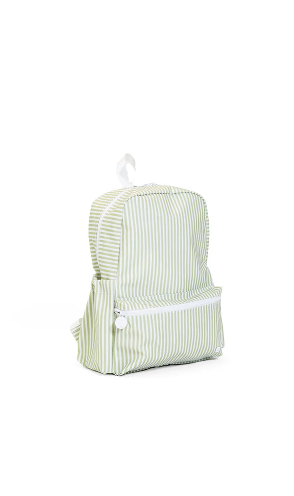Green and white striped backpack on a white background