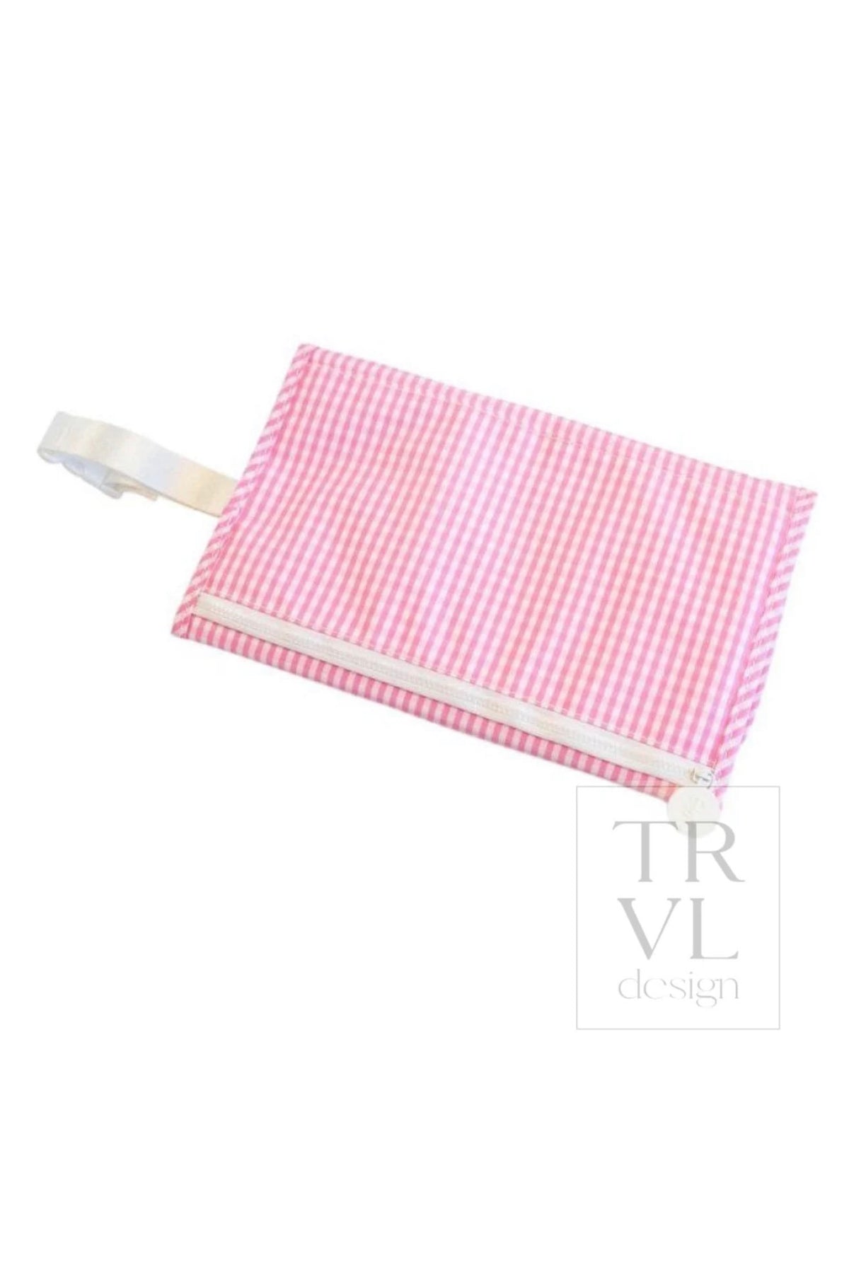 Pink gingham TRVL changing pad folded into a zippered pouch with white wrist strap