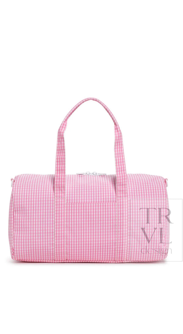 Pink gingham TRVL Weekender duffel bag with white zipper and shoulder strap