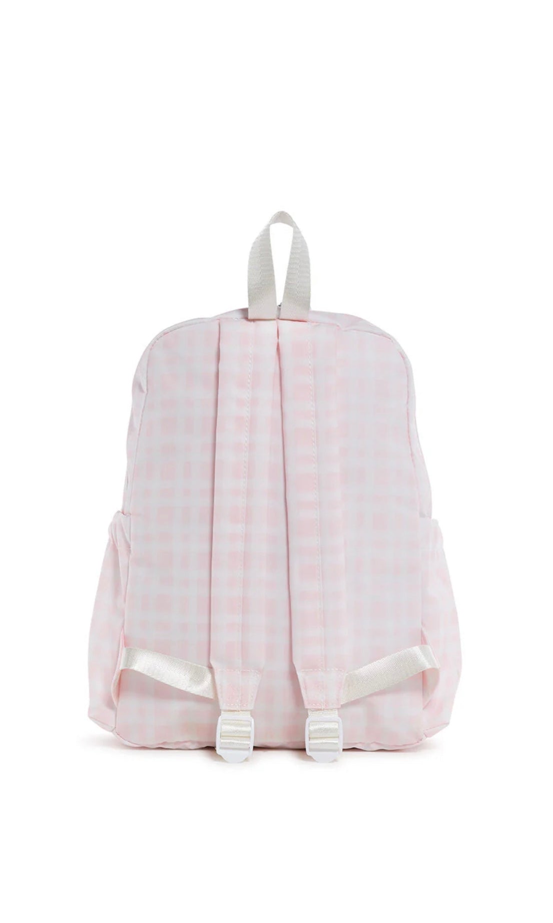 Pink backpack with white straps on a white background