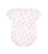Pink puppy love smocked bubble romper for baby