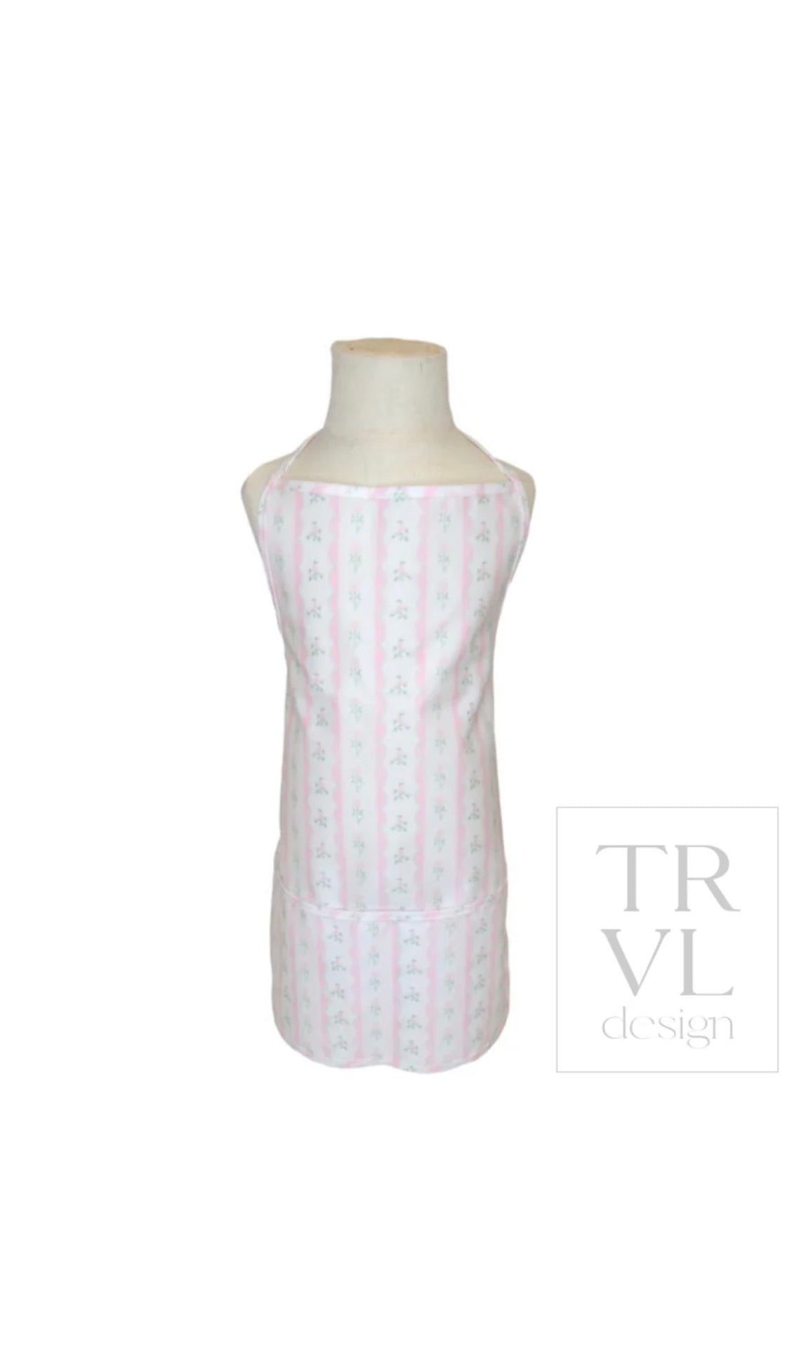 Pink ribbon floral print kids apron with adjustable neck strap, front view