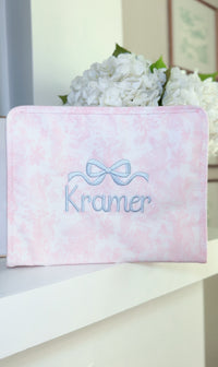 pink bunny toile bow with name roadie blue