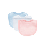 White plain baby bib, available in blue and pink