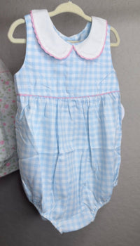 Blue gingham bubble romper for baby
