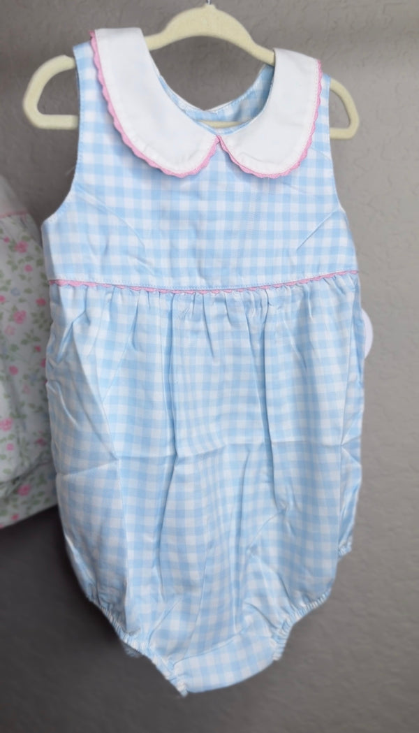 Blue gingham bubble romper for baby