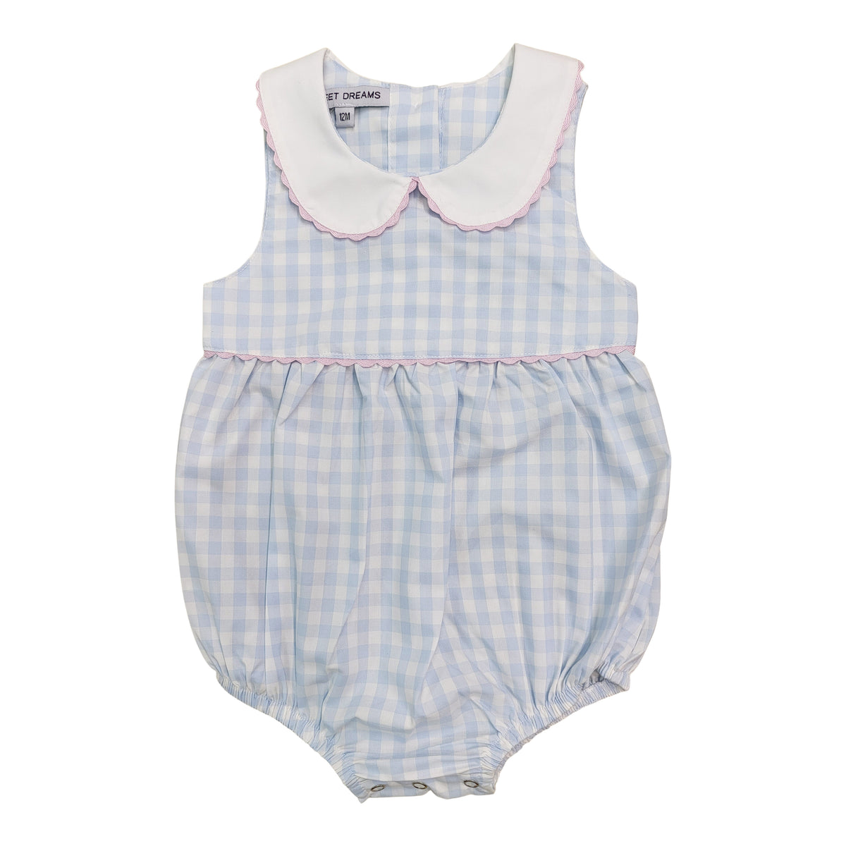 Blue gingham bubble romper for baby