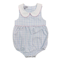 Blue gingham bubble romper for baby