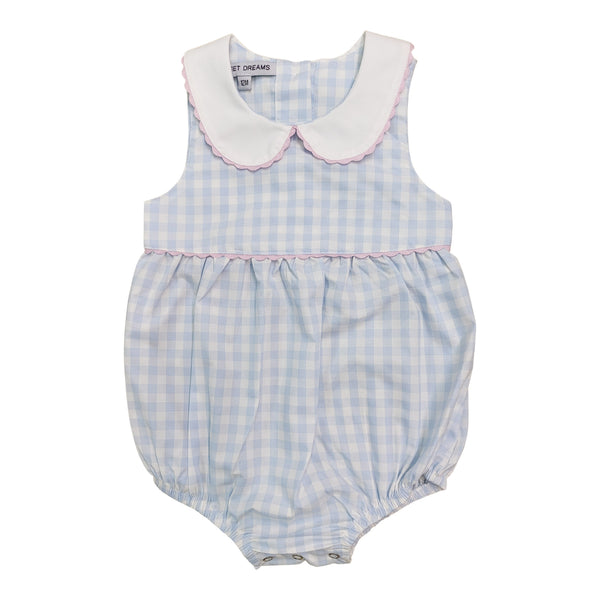Blue gingham bubble romper for baby