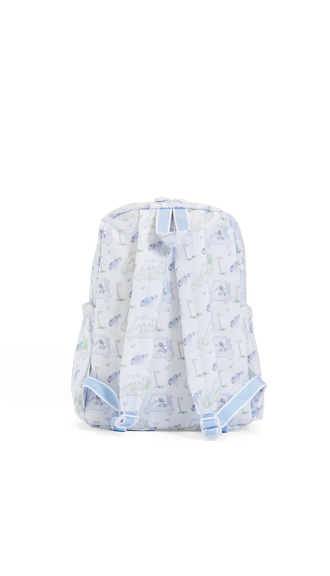 Light blue backpack with subtle golf  pattern on a white background