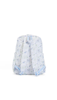 Light blue backpack with subtle golf  pattern on a white background