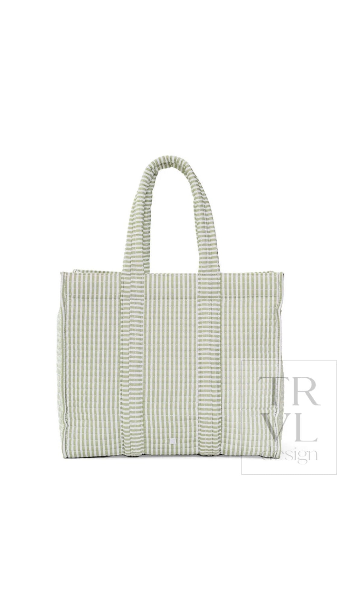 Sage green and white quilted Pimlico stripe TRVL Go Go Tote, front view with double handles