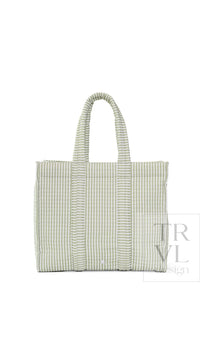 Sage green and white quilted Pimlico stripe TRVL Go Go Tote, front view with double handles