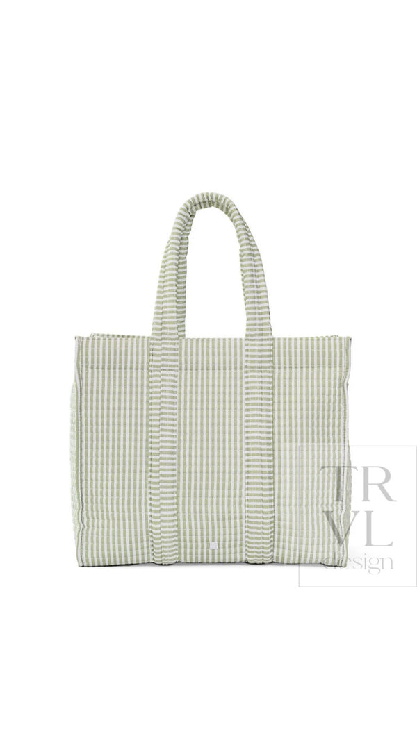 Sage green and white quilted Pimlico stripe TRVL Go Go Tote, front view with double handles
