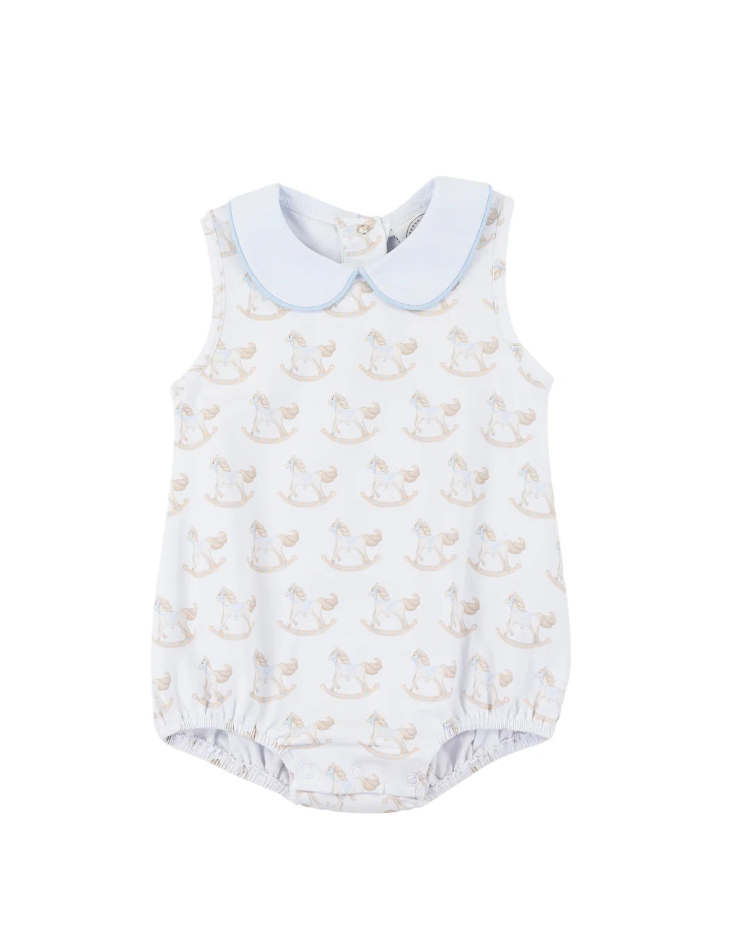 Baby romper with rocking horse  pattern and light blue collar on a white background