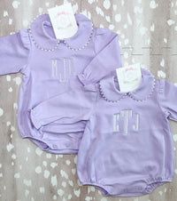 Lavender scalloped long sleeve bubble romper for baby