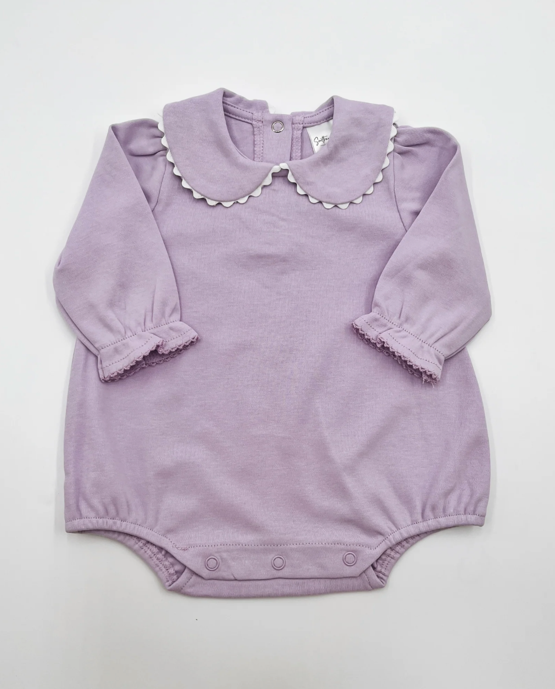 Lavender scalloped long sleeve bubble romper for baby