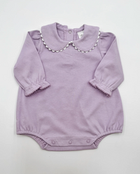 Lavender scalloped long sleeve bubble romper for baby