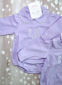 Lavender scalloped long sleeve bubble romper for baby