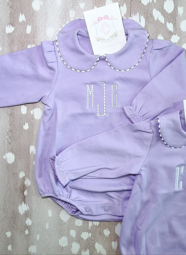 Lavender scalloped long sleeve bubble romper for baby