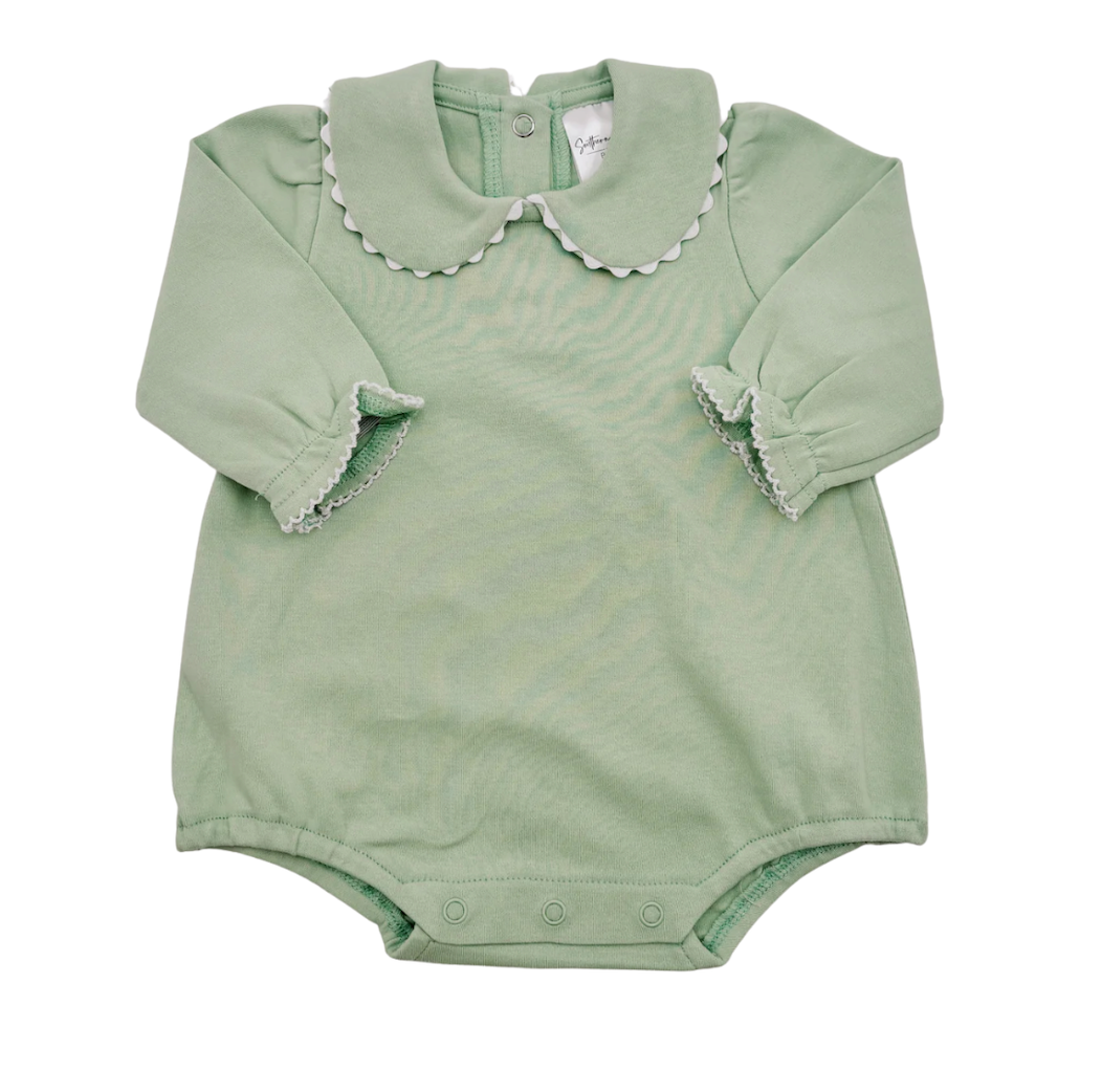 Light green scalloped long sleeve bubble romper for baby