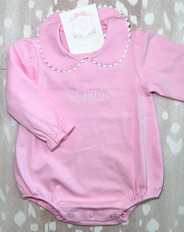 Pink scalloped long sleeve bubble romper for baby, ready for monogramming