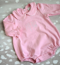 Pink scalloped long sleeve bubble romper for baby, ready for monogramming