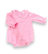 Pink scalloped long sleeve bubble romper for baby, ready for monogramming