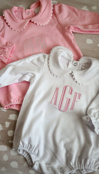 White scalloped long sleeve bubble romper for baby, ready for monogramming