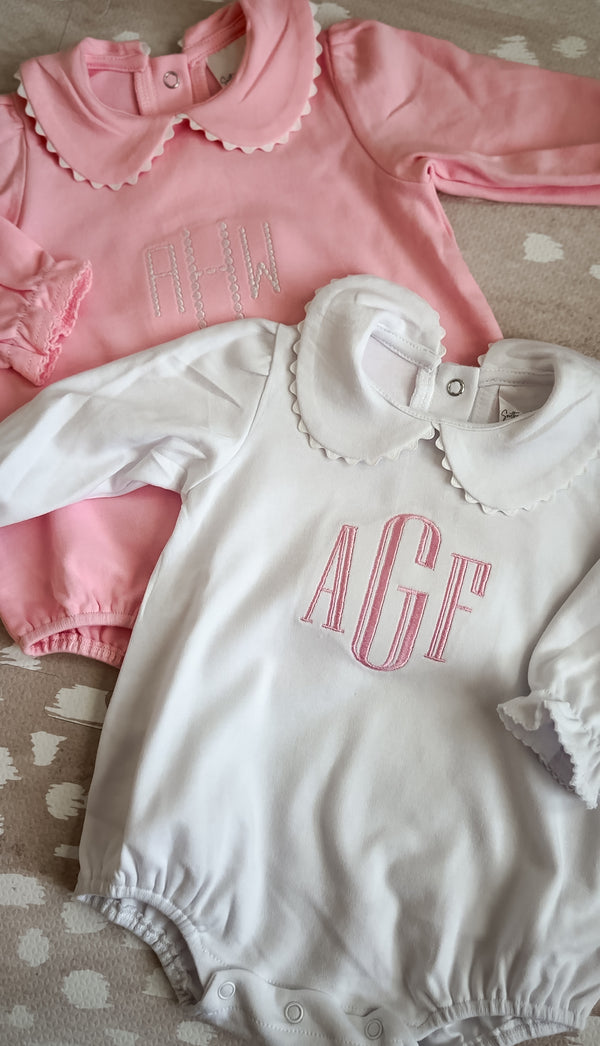 White scalloped long sleeve bubble romper for baby, ready for monogramming