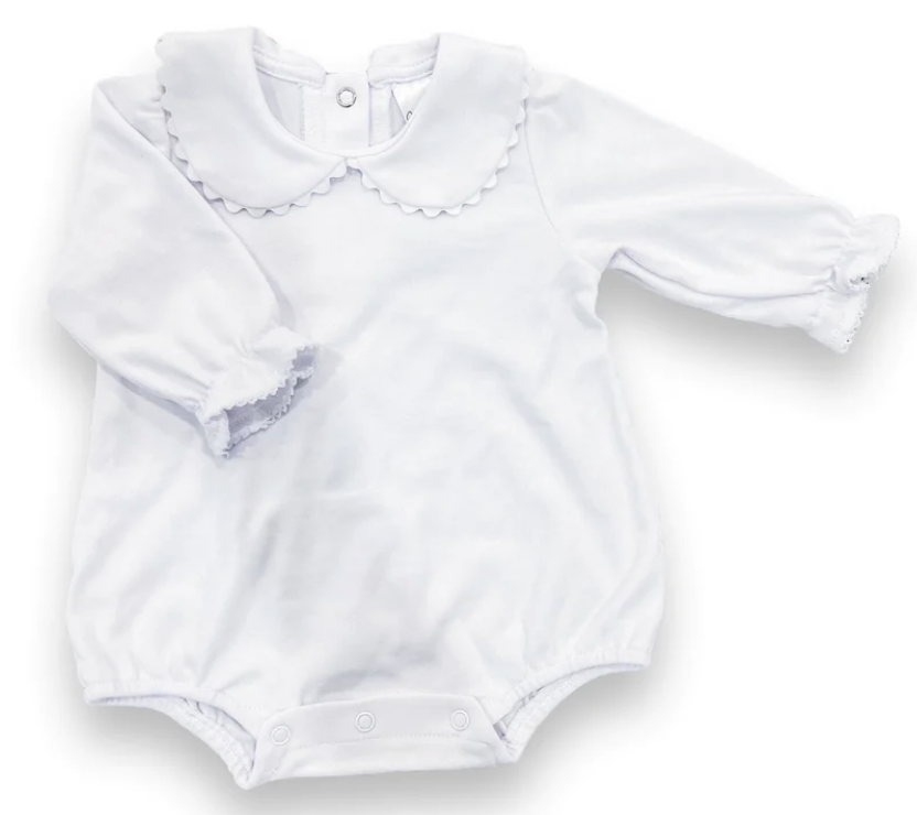 White scalloped long sleeve bubble romper for baby, ready for monogramming