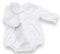 White scalloped long sleeve bubble romper for baby, ready for monogramming