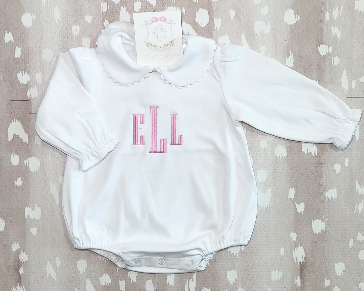 White scalloped long sleeve bubble romper for baby, ready for monogramming