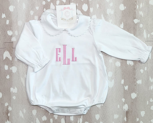 White scalloped long sleeve bubble romper for baby, ready for monogramming