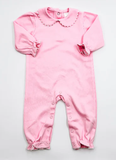 A long sleeve pink romper with scalloped edges and picot trim on the sleeves, displayed against a white background.
