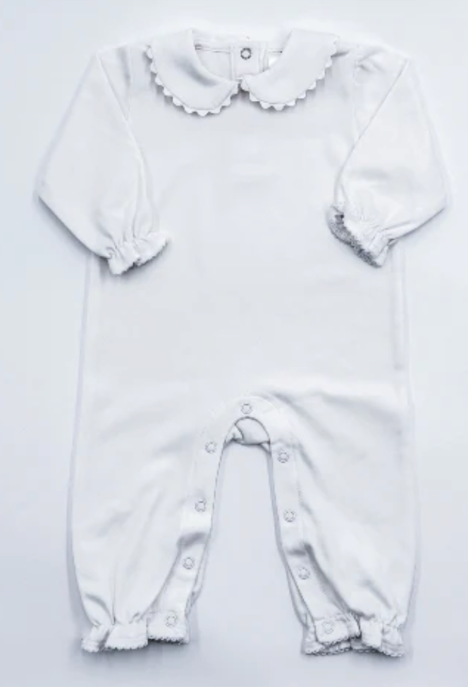 White scalloped long sleeve romper for baby