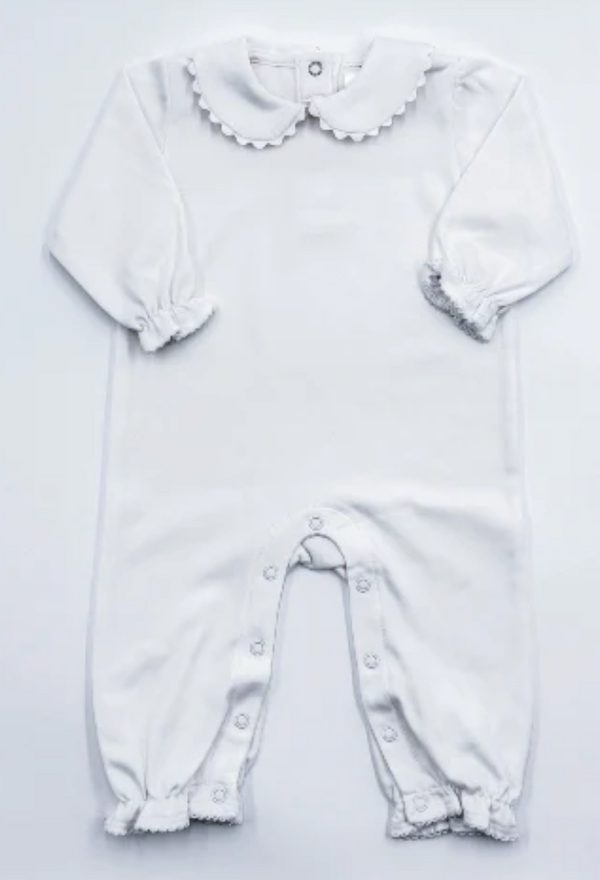 White scalloped long sleeve romper for baby
