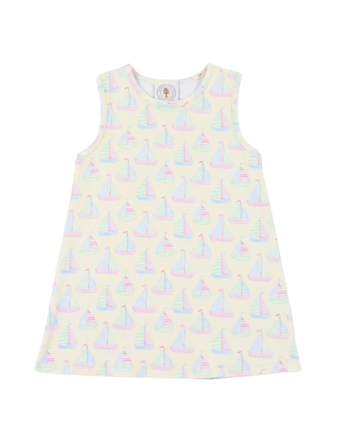 Children's sleeveless dress with sailboat pattern on a white background