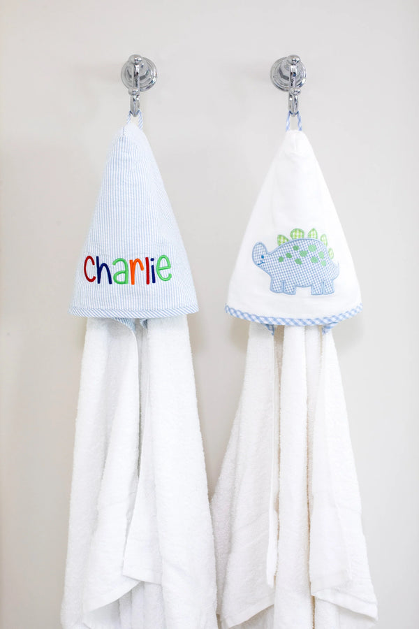 Blue seersucker stripe hooded towel for kids