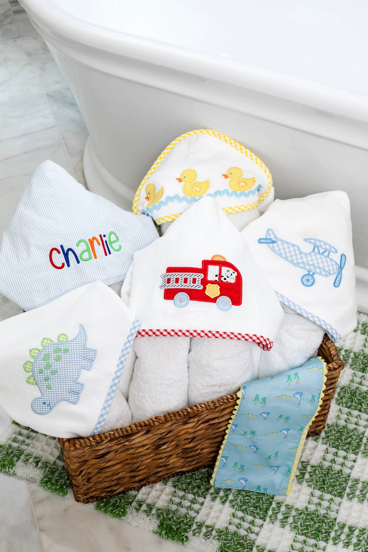 Blue seersucker stripe hooded towel for kids