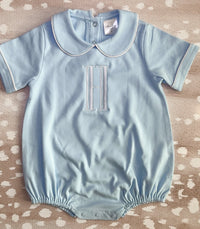 Blue short sleeve collared bubble romper for baby boys, ready for monogramming