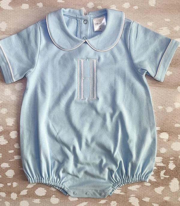 Blue short sleeve collared bubble romper for baby boys, ready for monogramming