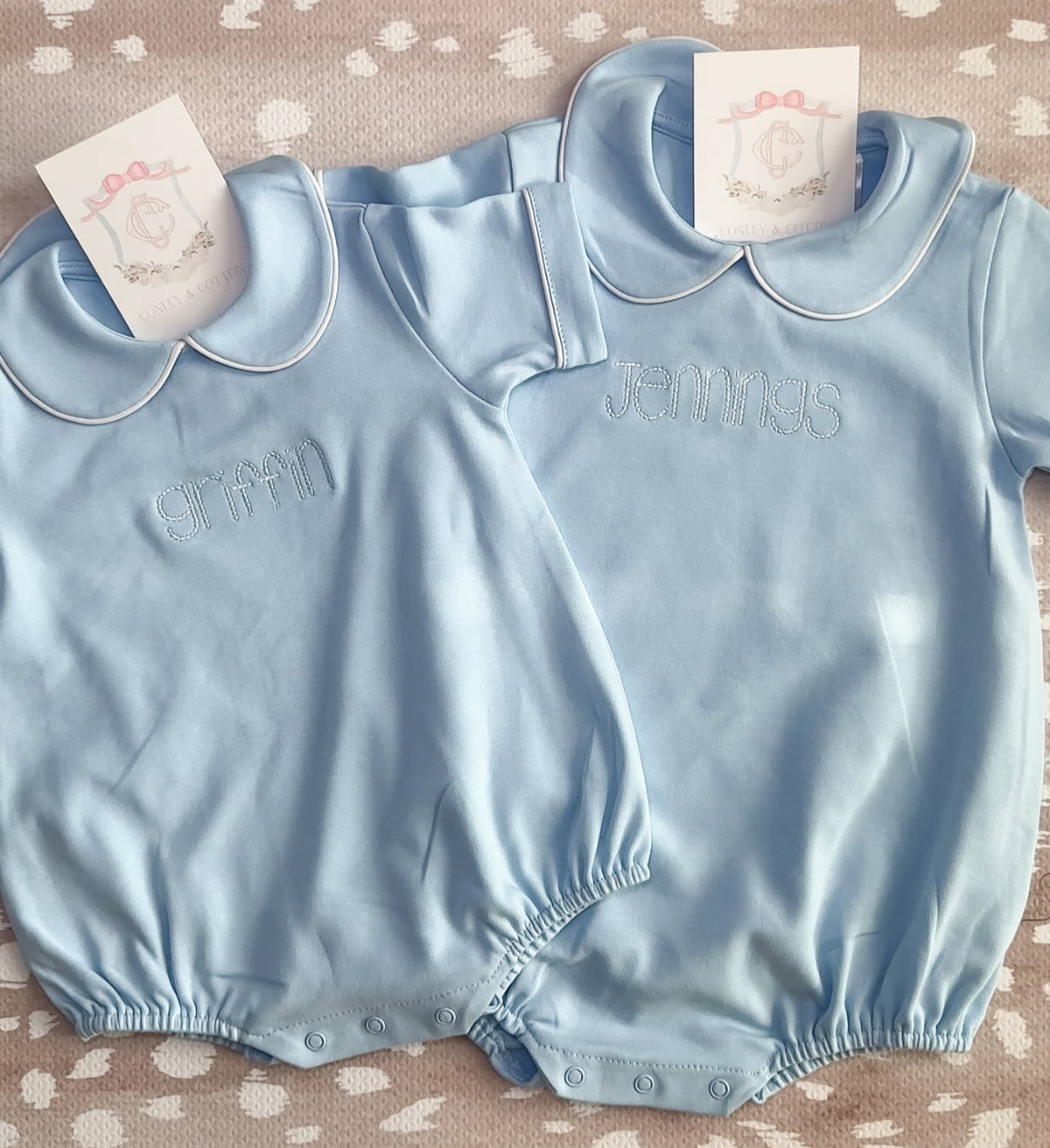 Blue short sleeve collared bubble romper for baby boys, ready for monogramming